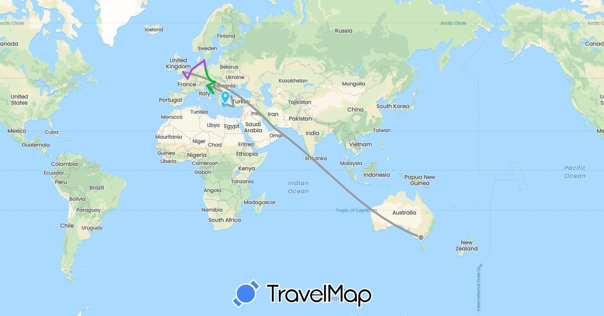 TravelMap itinerary: driving, plane, train in United Arab Emirates, Austria, Australia, Czech Republic, Germany, Denmark, France, United Kingdom, Hungary, Netherlands, Slovenia (Asia, Europe, Oceania)